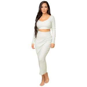 Ribbed V Neck Long Sleeve Crop Top Mint Medium